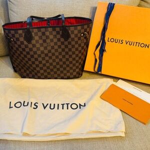 Louis  Vuitton Neverfull MM Damier Ebene-Red Interior-Excellent Condition